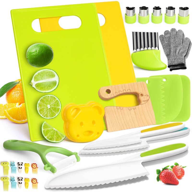 Kids' 28-piece safe cooking & play knife set, colorful toddler kitchen tools for educational play.