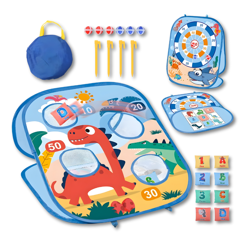 Family enjoying active play with a vibrant, portable 3-in-1 bean bag toss game for kids