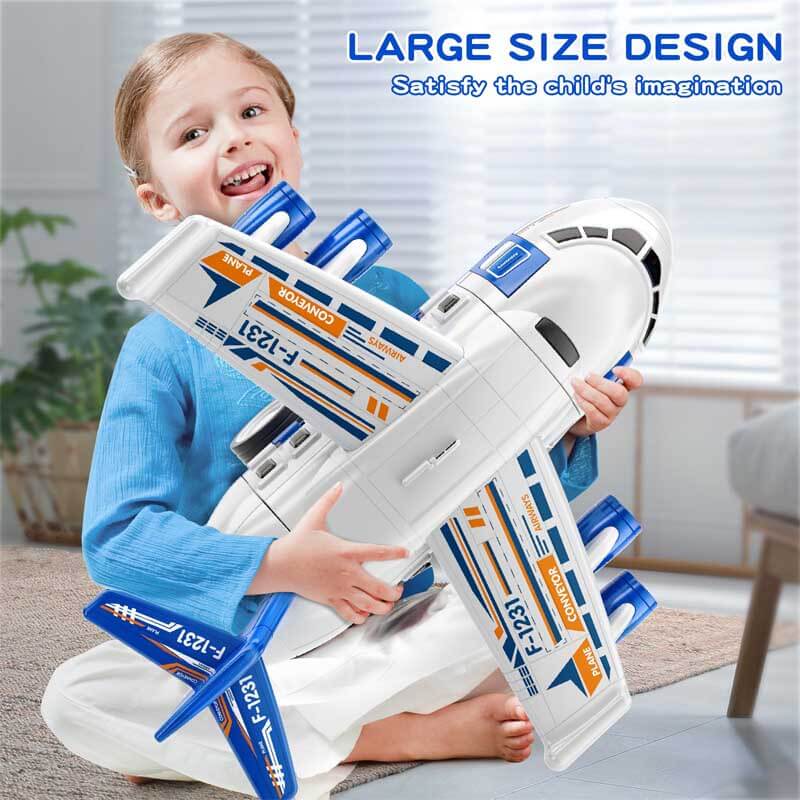 Airplane toy and multiple toy cars on an expansive play mat, complete kids play set