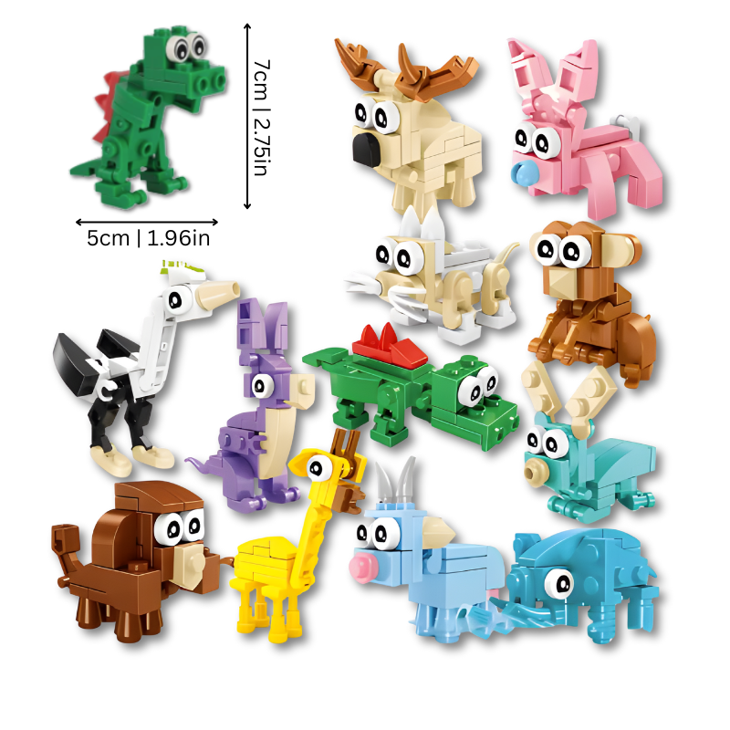 Close-up of a vibrant animal building blocks puzzle set showing various animal figures, ideal children's gift for creative learning