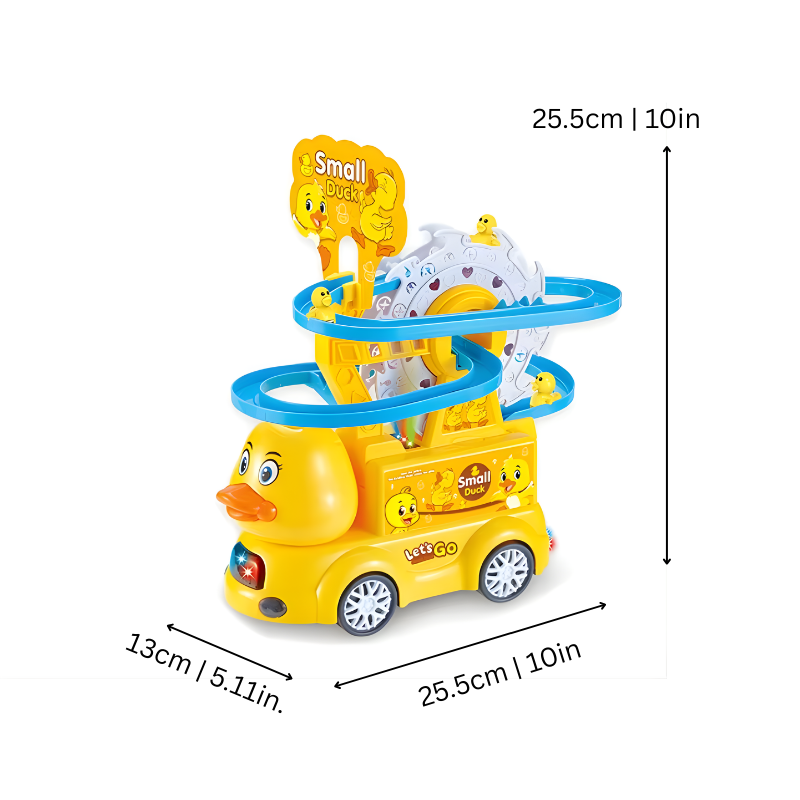 Preschool kids playing with interactive duck climbing track toy, promoting development with engaging lights and music.