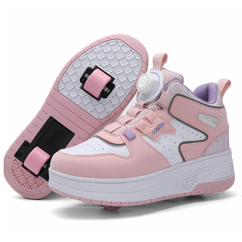 Child actively enjoying outdoor fun in purple roller skate sneakers with wheels extended, a fun activewear choice