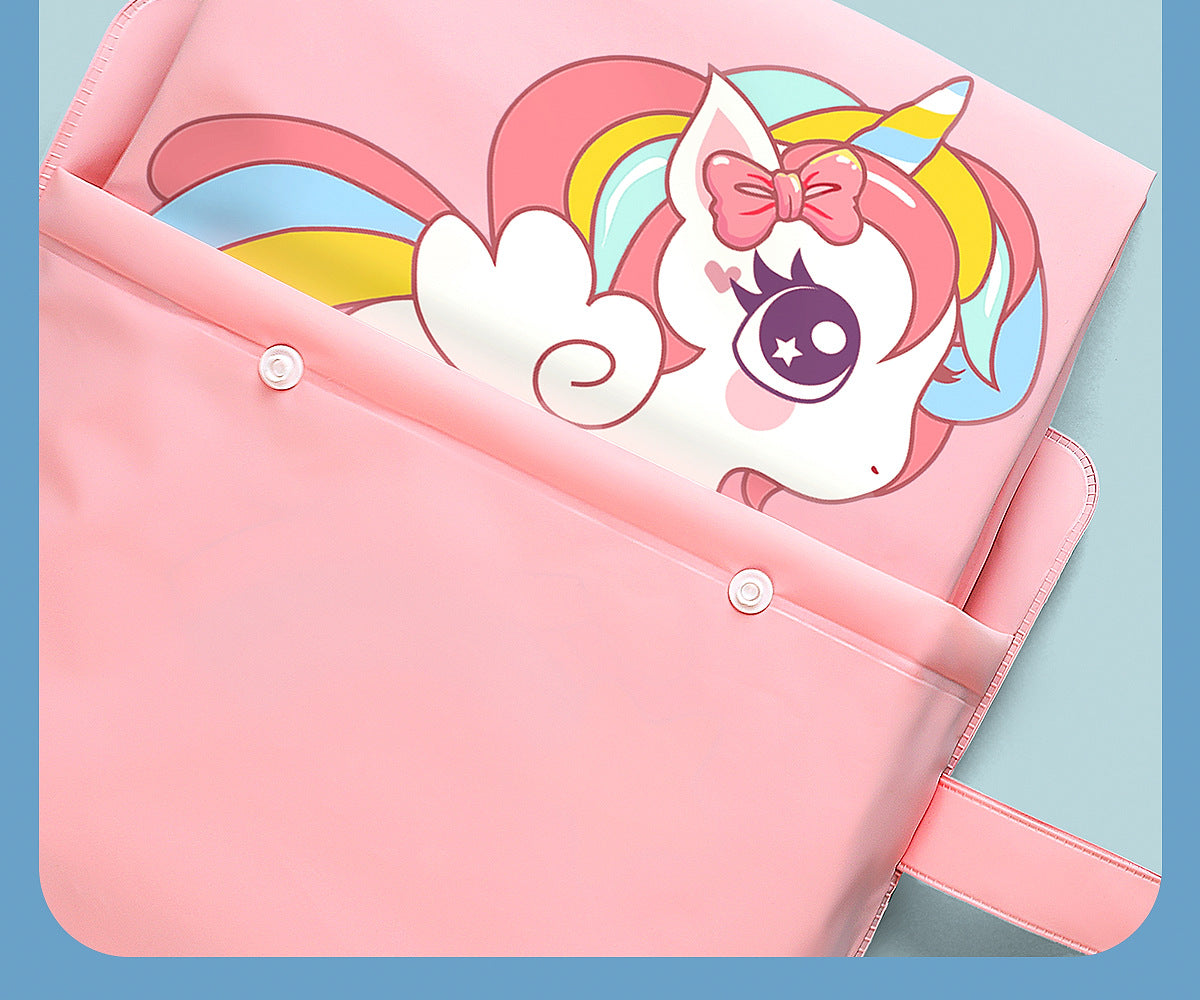 Close-up of the cartoon character on a toddler's raincoat fabric, making rain fun, durable