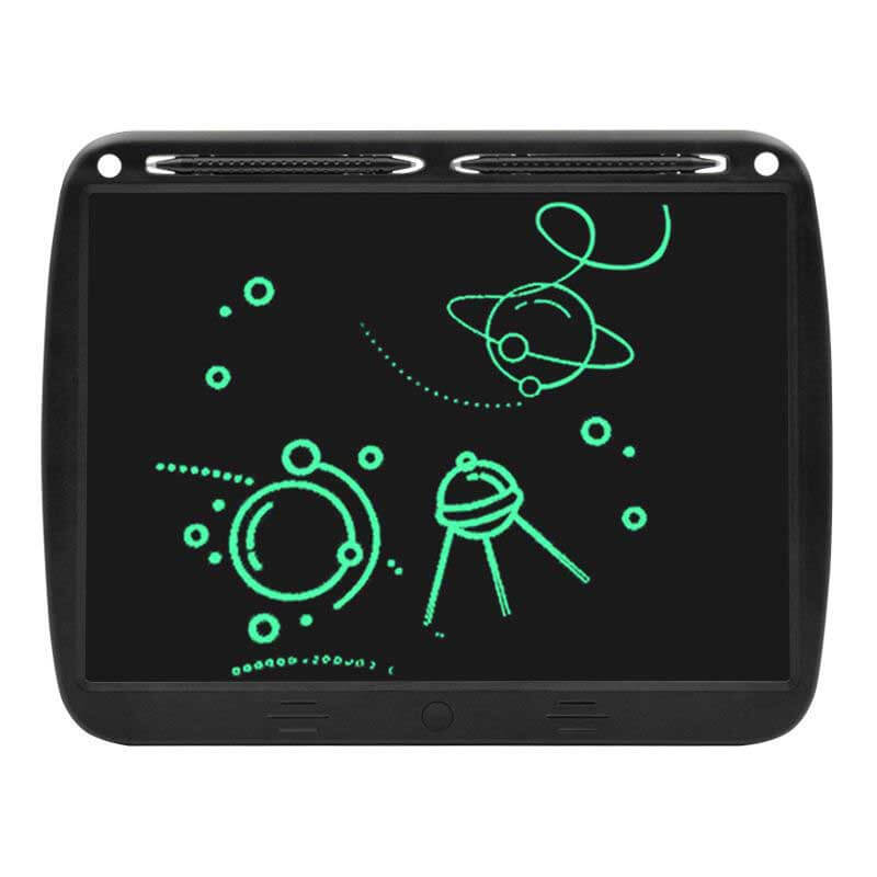 Child's hand holding stylus, creating art on a portable LCD erasable drawing tablet