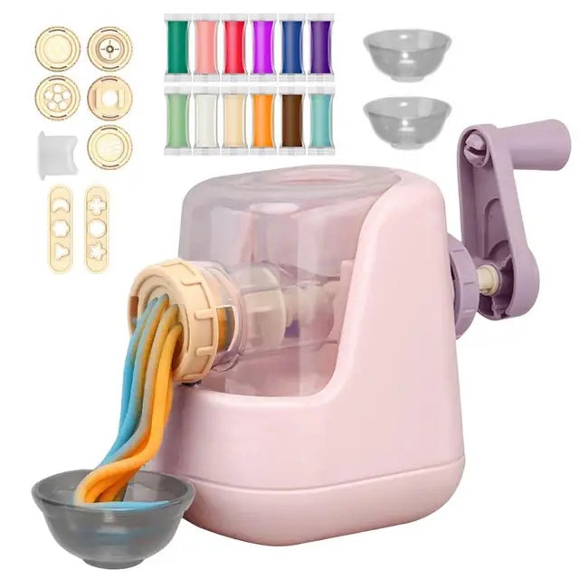 Educational pretend play toy: Kids' Pasta Maker Playdough Set, fostering fine motor skills and creativity in young children.