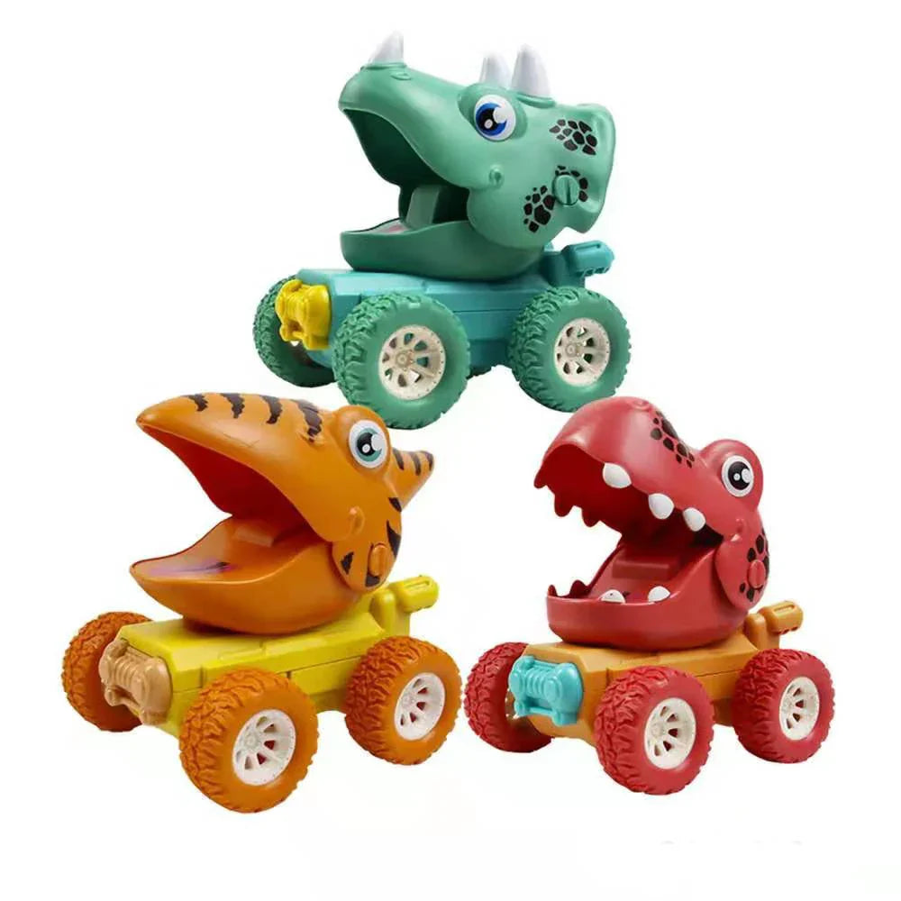 Overhead view of a child happily playing with a red Stegosaurus Dino Monster Truck toy car, action toys