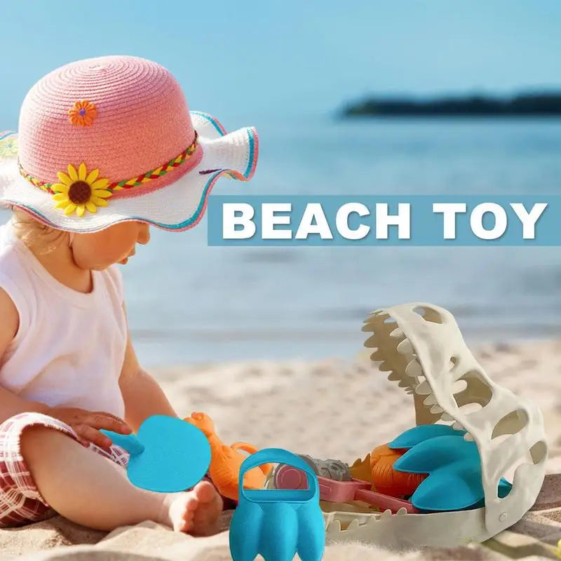 Complete kids' dinosaur sand play set including bucket, spade, and various dino molds for beach recreation