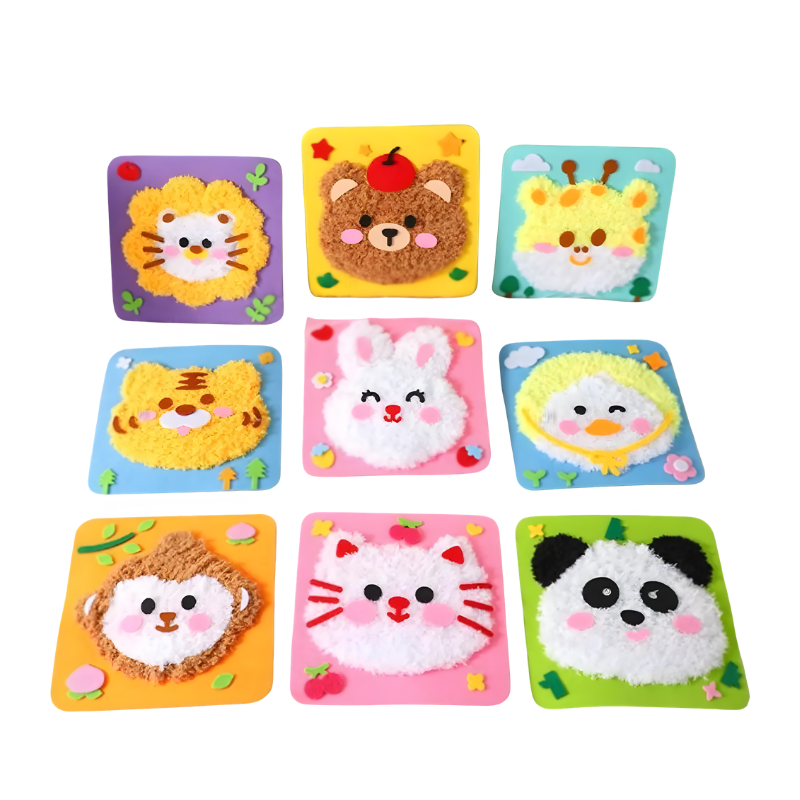 Detailed view of a kids craft stitching kit, featuring felt animal pieces, plastic needle, and thread for DIY fun.