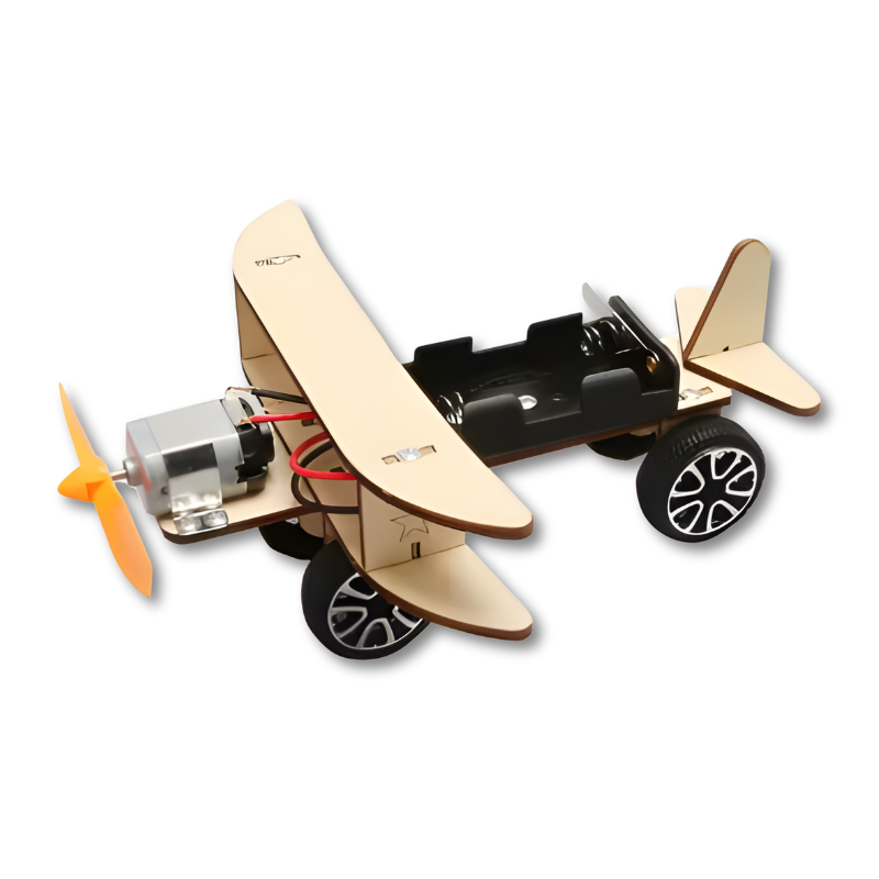 Close-up of a wooden car assembled from a DIY electric vehicle kit, kids' STEM toy