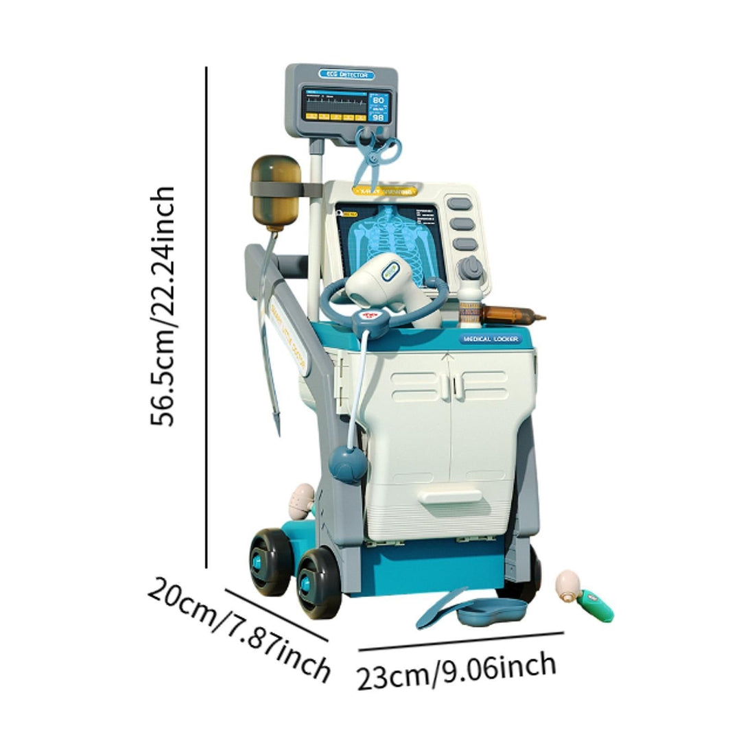 Complete children's doctor play cart set for imaginative pretend play, includes various tools