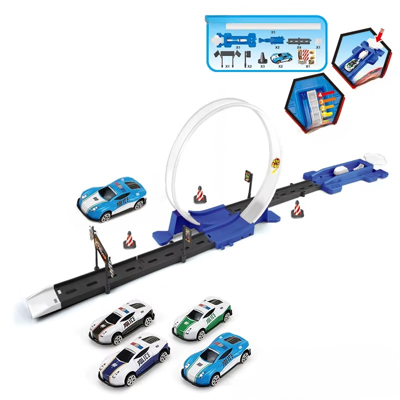 Family enjoying interactive playtime with a kids' double looping race track, creating lasting memories.