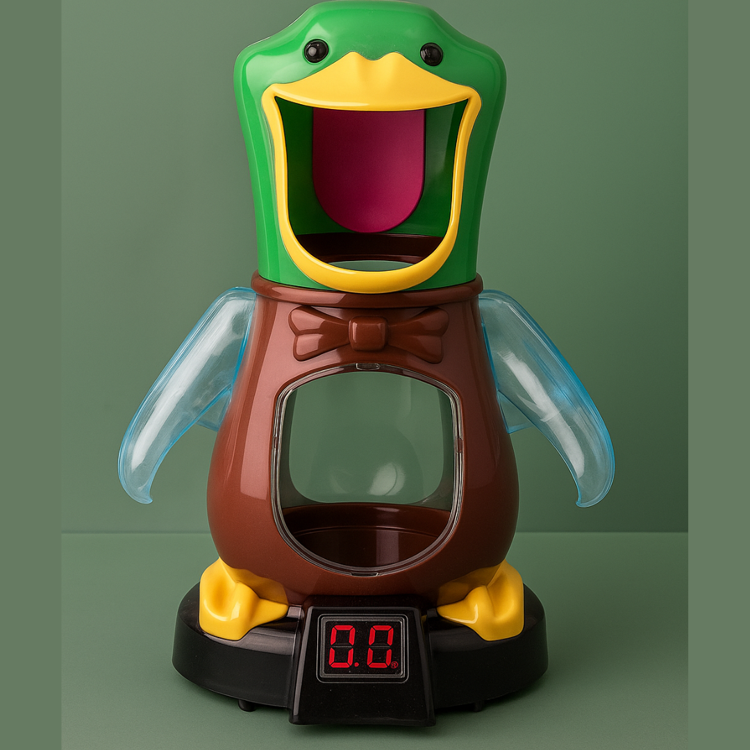 Child's hand holding an air blaster, aiming at a brightly colored duck target in a Duck Hunt game; interactive toy.