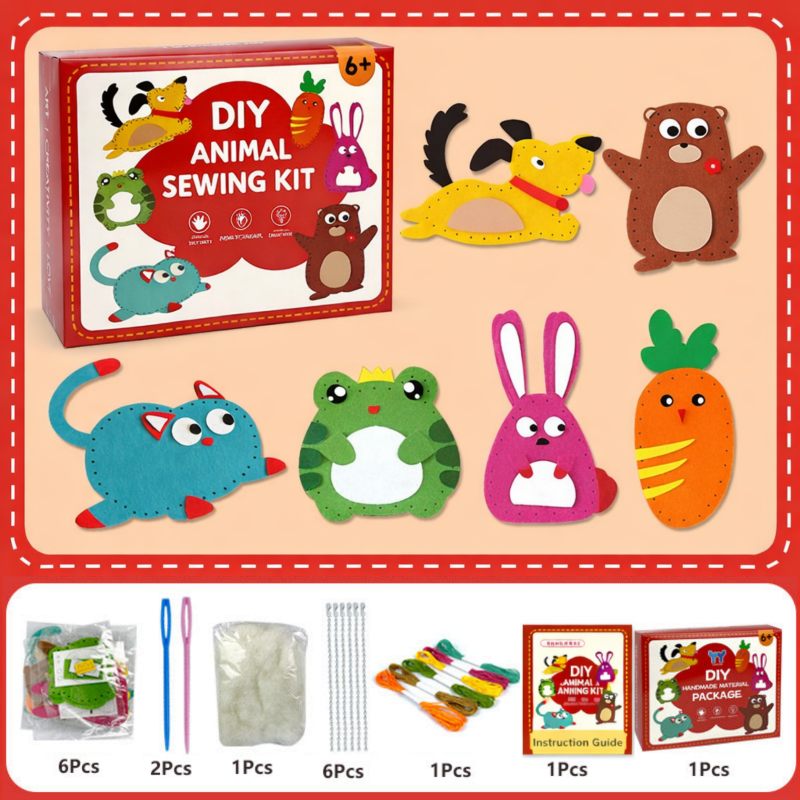 Kids' DIY craft kit with pre-punched felt shapes, sewing tools, and instructions for easy animal creation.