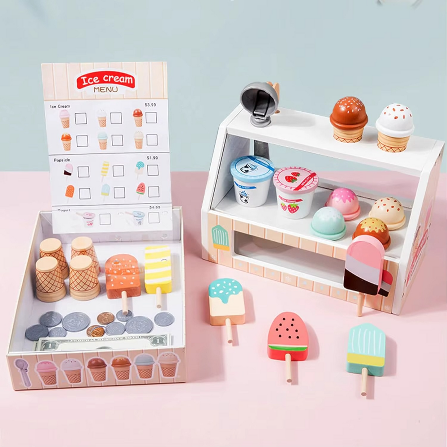 Kids' wooden educational ice cream set, great for role play, fostering math abilities and creativity.