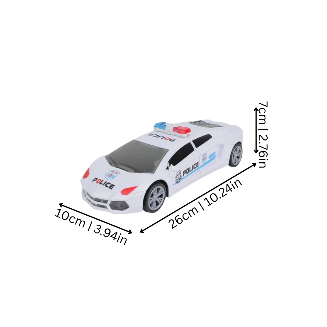Durable ABS plastic police car toy for kids, featuring flashing lights and musical sounds