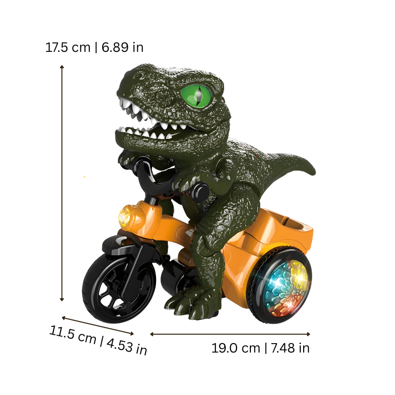 Toddler riding vivid green electric dinosaur trike toy that spins with fun music