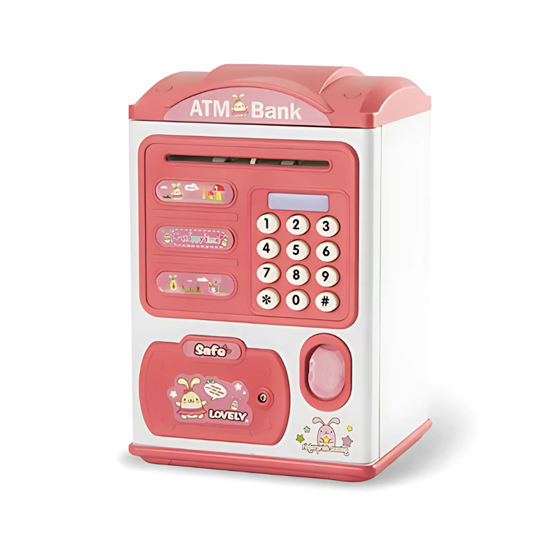 Electronic piggy bank for kids, features interactive lights & sounds, promoting early financial literacy