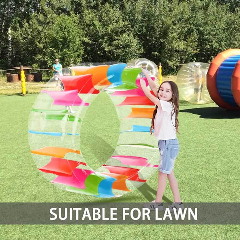 Vibrant rainbow inflatable water wheel roller, beach accessory & summer outdoor fun