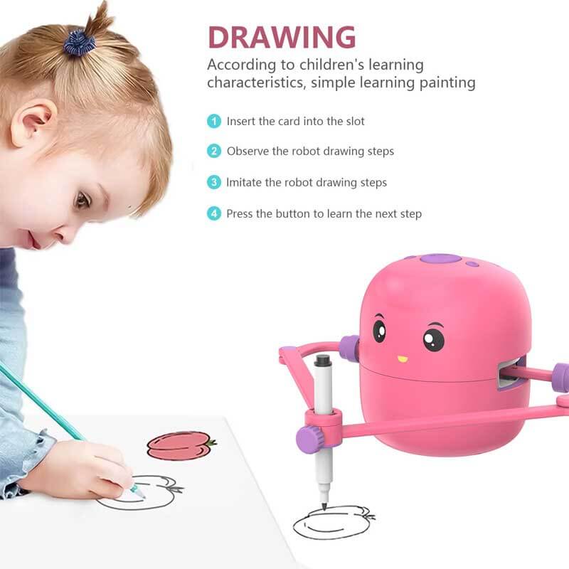 Green and pink drawing robot with art supplies, an ideal STEM toy for creative children.