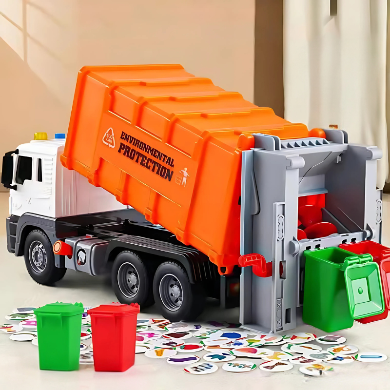 Pretend play recycled toy garbage truck for kids, featuring engaging lights, sounds, and tipping action