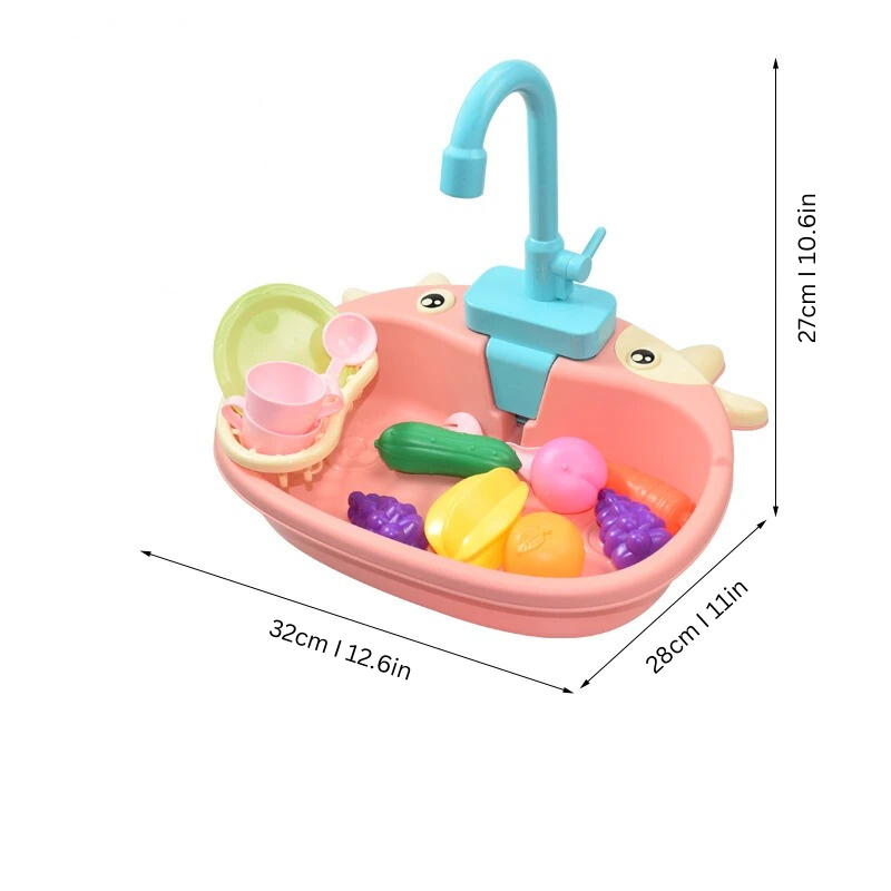 Toddler engaged in pretend play with a bright blue toy sink, functioning water faucet, and dish rack for developmental fun