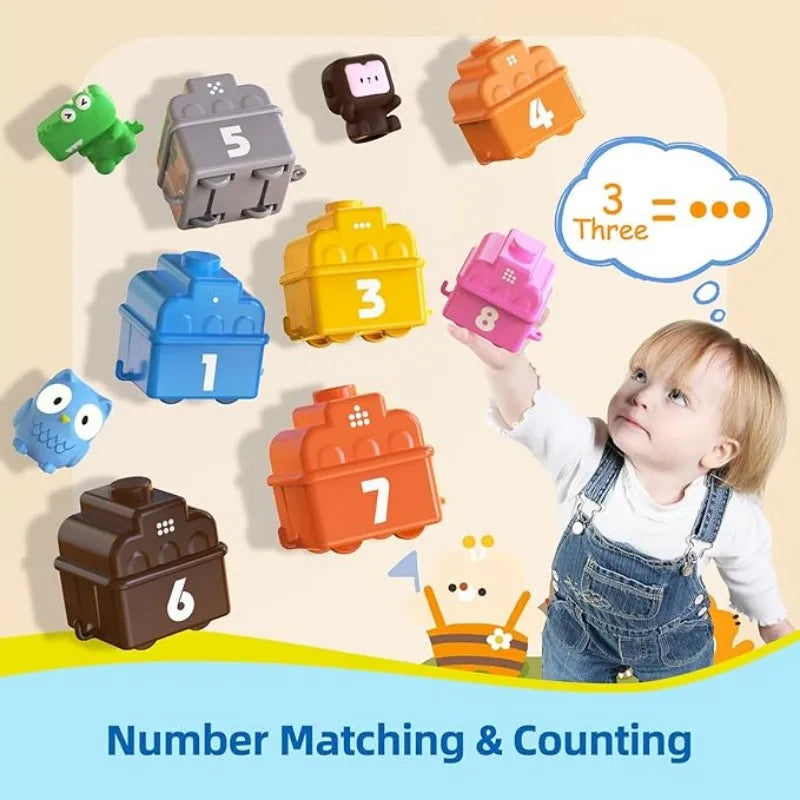 Imaginative play with a brightly colored educational number train toy for young children.
