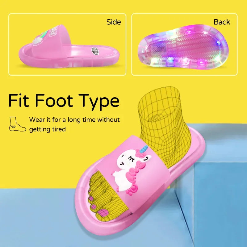 Close-up of the sole of a light-up unicorn slipper, showing non-slip grip for toddlers