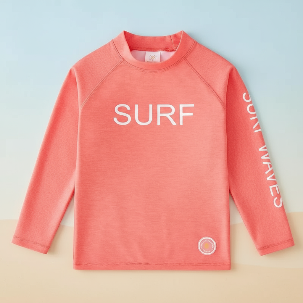 Unisex long-sleeve rash guard, UPF 50+ sun protection, available in various colors for kids.