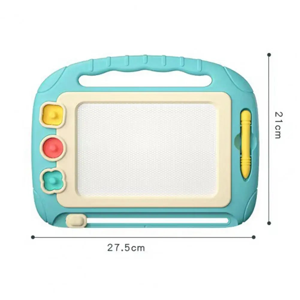 Magnetic drawing board with a child's colorful art, highlighting the fun and educational aspects.