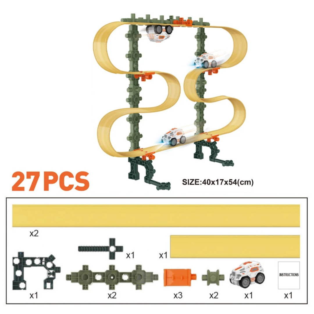 Dynamic shot of toy cars racing down a custom-built Magnetic Gravity Track, perfect kids' set