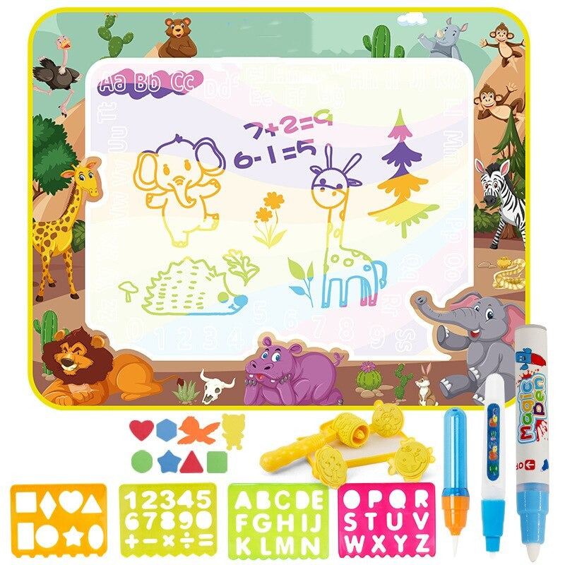 Vibrant water doodle mat with included magic pens, ideal for kids' art and educational creativity