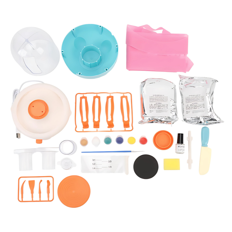 Close-up of a vibrant kids' pottery wheel kit, perfect for crafting and developing artistic talents