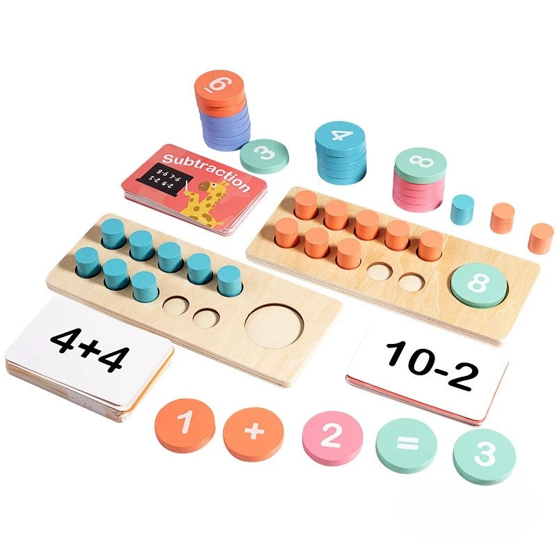 Full view of a kids' educational math play set, featuring wooden numbers, counting sticks & learning cards.