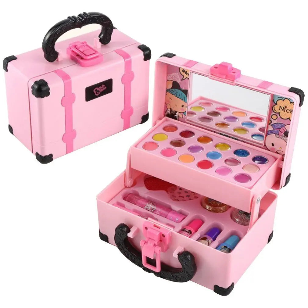 Creative play set with safe, non-toxic kids makeup spread out on a white surface