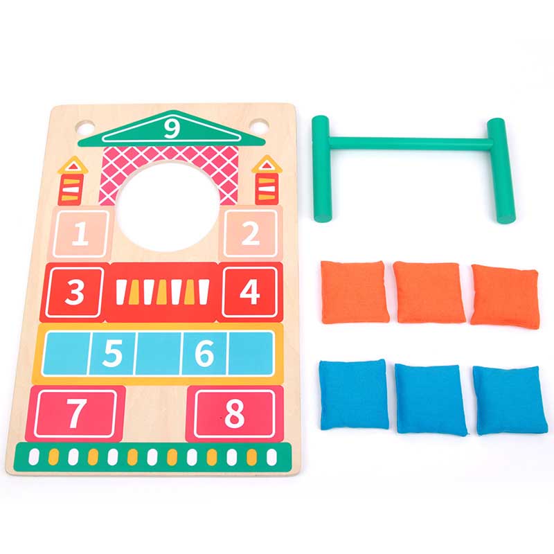 Educational kids' toss game set with durable wooden frame and sandbags, perfect for active family fun.