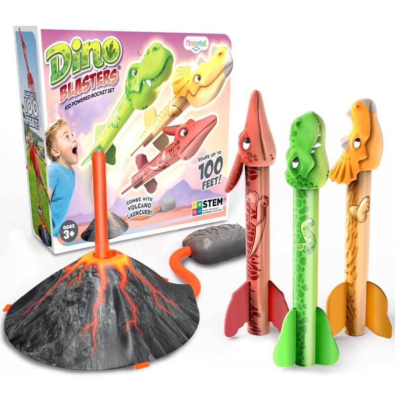 Overhead shot of a complete Kids' Dinosaur Rocket Launcher Toy kit, ready for assembly and outdoor fun.