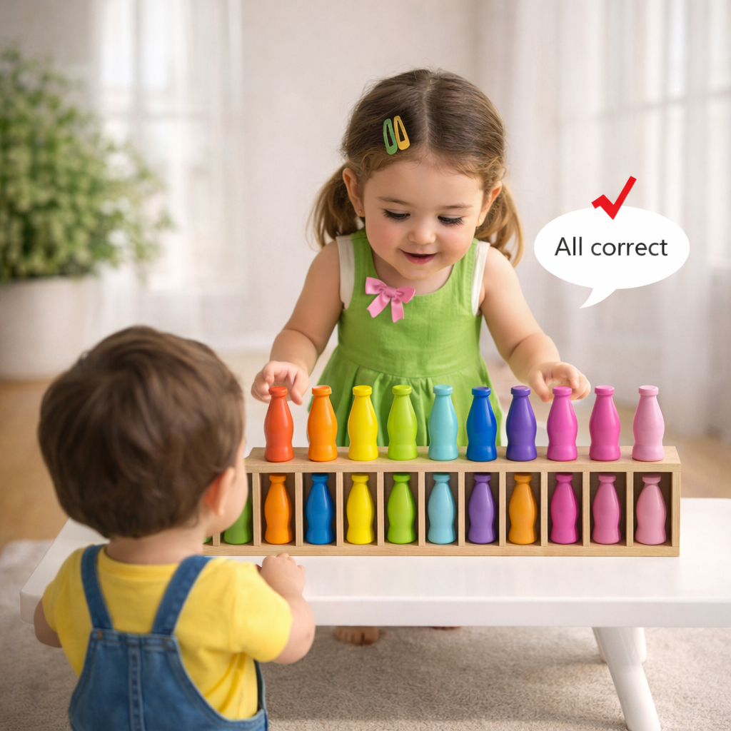 Detailed view of wooden color sorting game pieces, great for educational play and memory skills