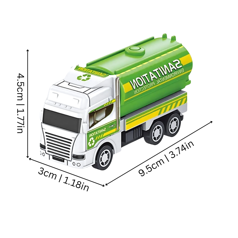 Green and yellow pull-back friction garbage truck toy for kids, a fun and durable preschool vehicle toy.
