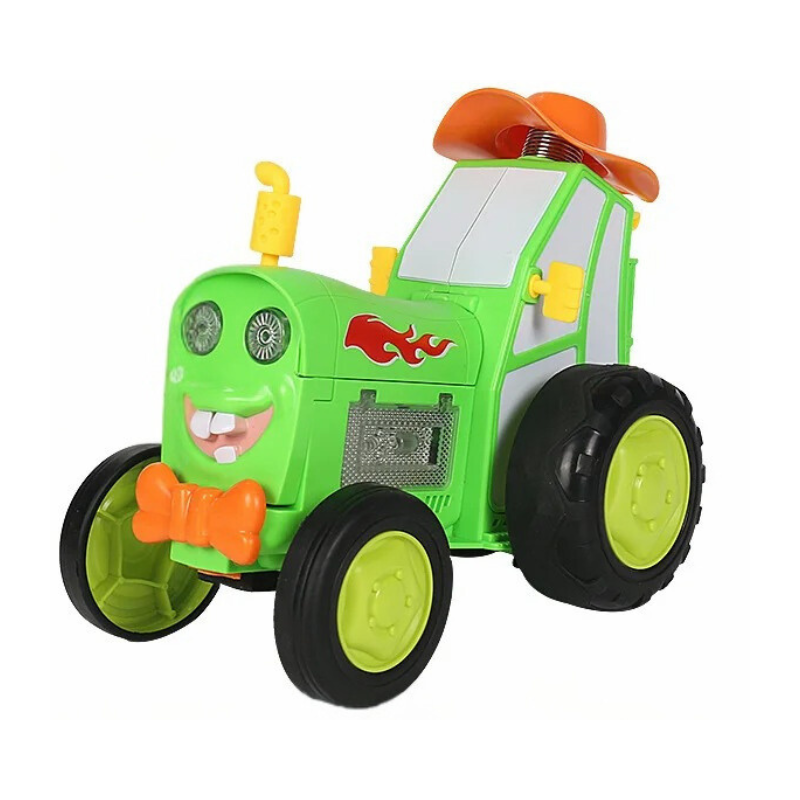 Fun RC stunt car toy for kids, featuring flashing lights and cheerful music, ready for action.