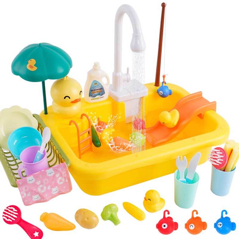 Collection of all included items: play kitchen sink, faucet, dish rack, and toy dishes for children's play.