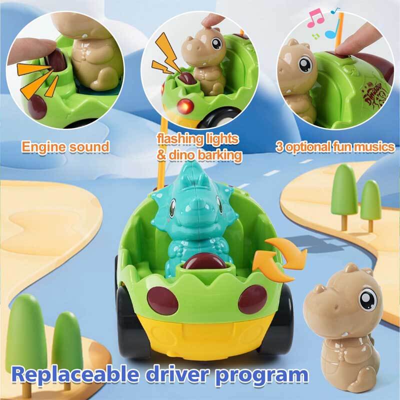 Two dinosaur racing cars, red and green, speeding on a track, interactive kids' toys