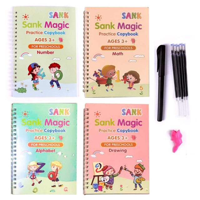 Educational toy: four reusable magic tracing books with a magic pen for preschool learning and activities