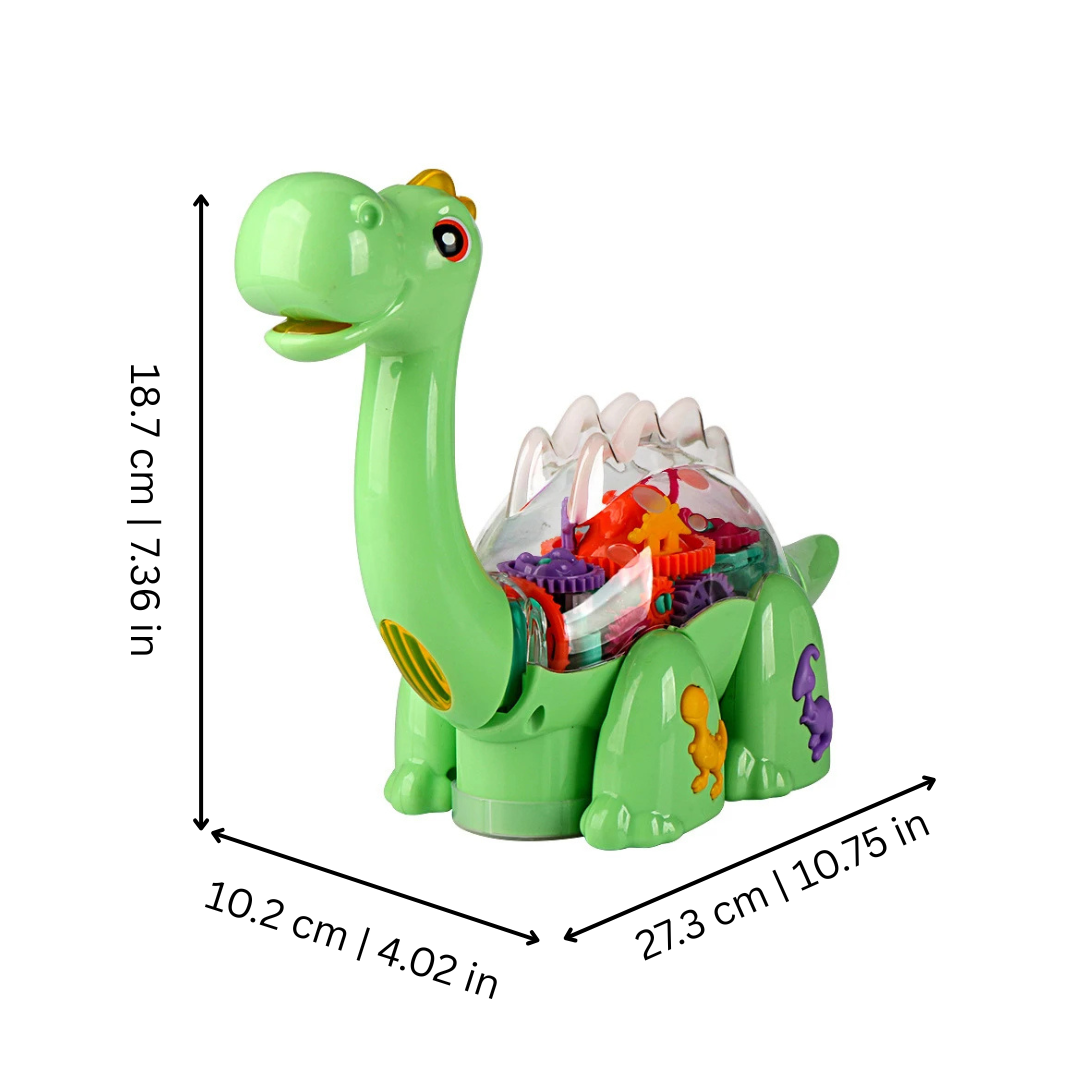 Educational dinosaur toy for kids featuring music, lights, and visible gears, engaging interactive playtime.