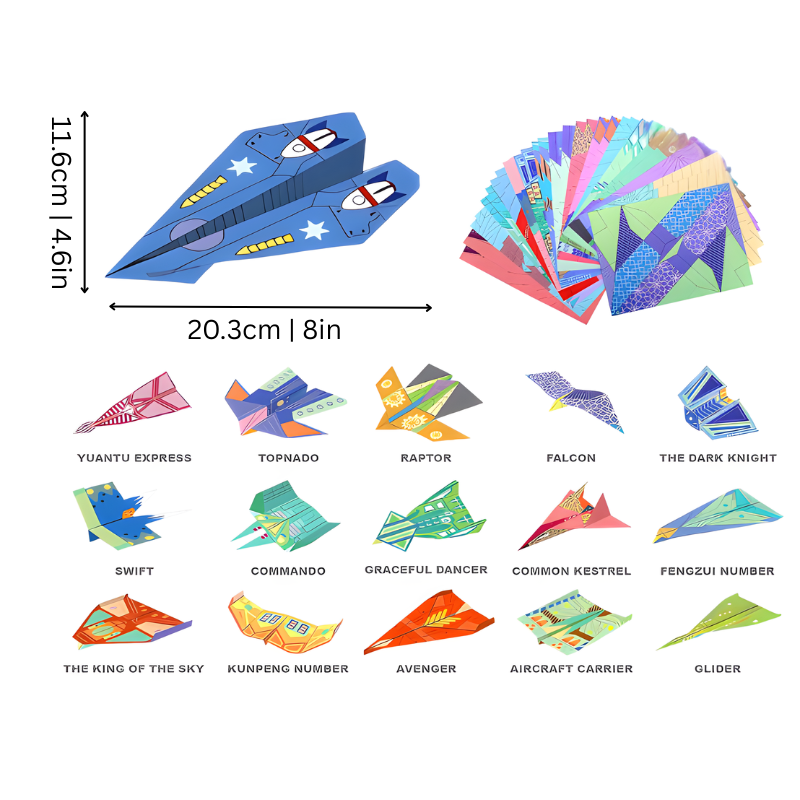 Creative gift for kids: Paper airplane activity kit with various designs, teaching aerodynamics and STEM skills.