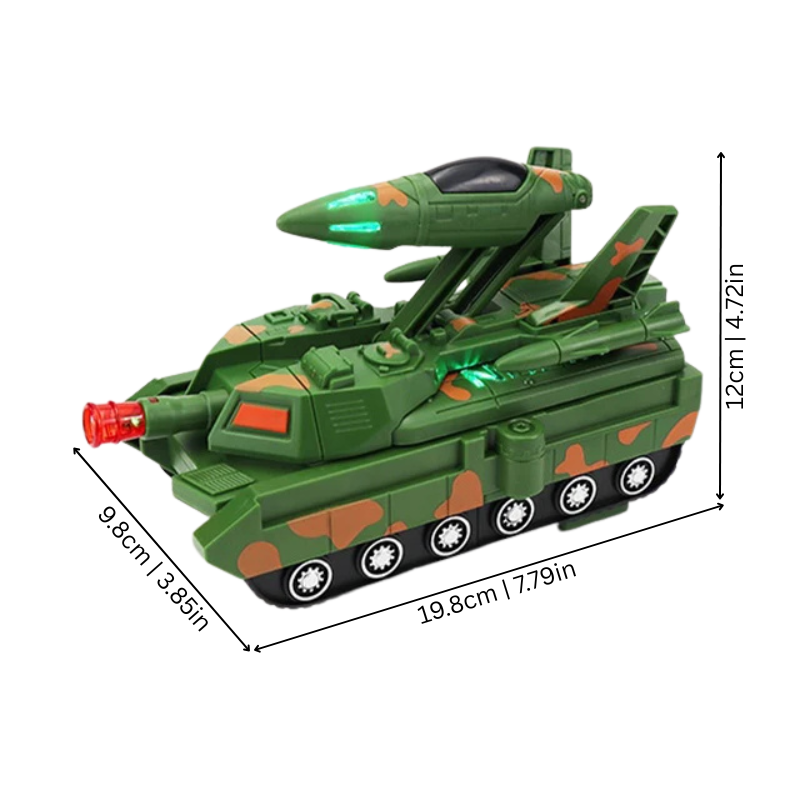 Transforming robot vehicle toy for kids with battle tank design, educational, music, and lights