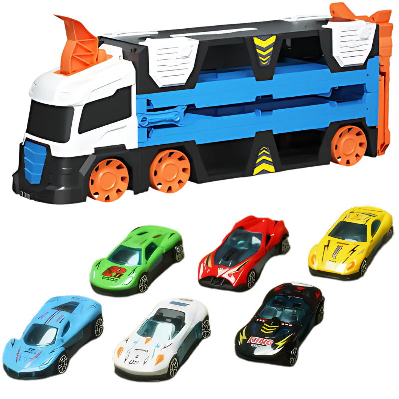 Educational kids transforming race truck opens to a multi-level car track, perfect for racing and vehicle fun.