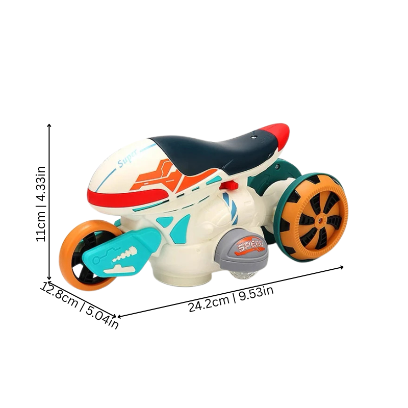 Electric kids toy, a transforming stunt vehicle featuring bright lights and engaging music for children's play.