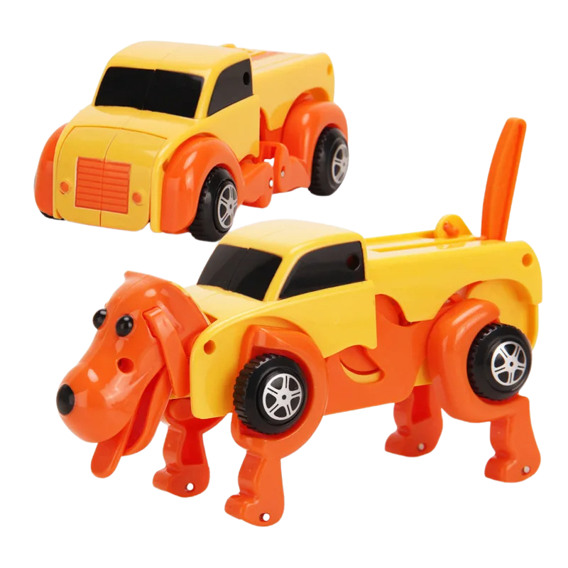 Close-up of a transforming wind-up toy car, half animal half vehicle, engaging kids' toy.