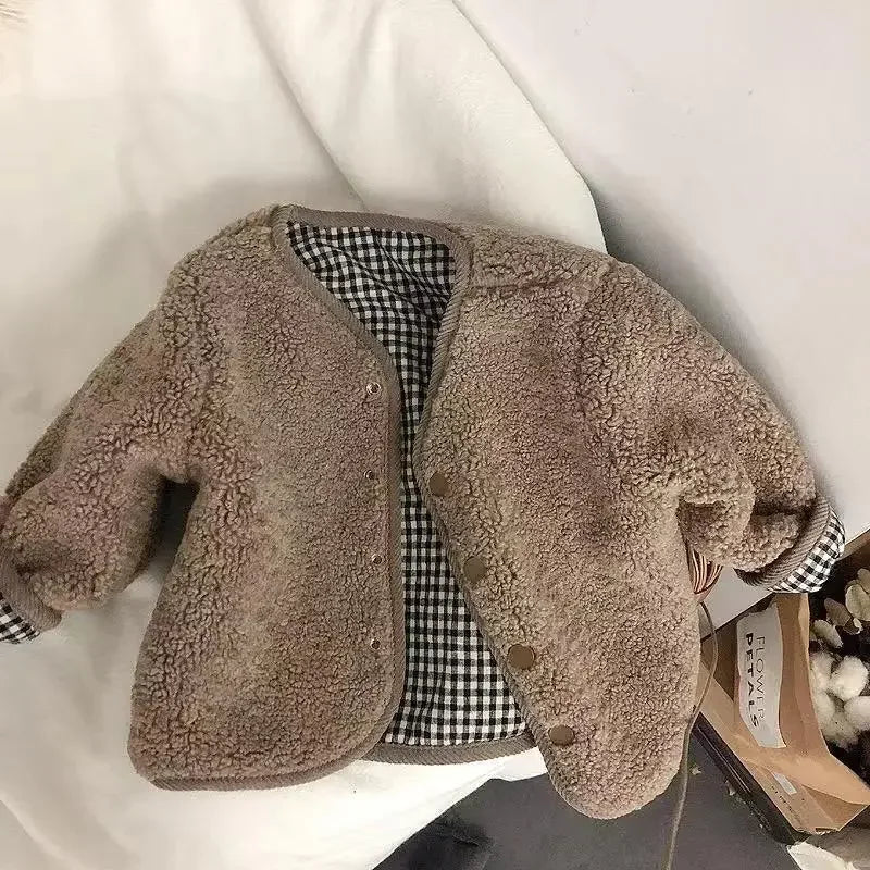 Warmest children's jacket: reversible-look plaid plush shearling coat