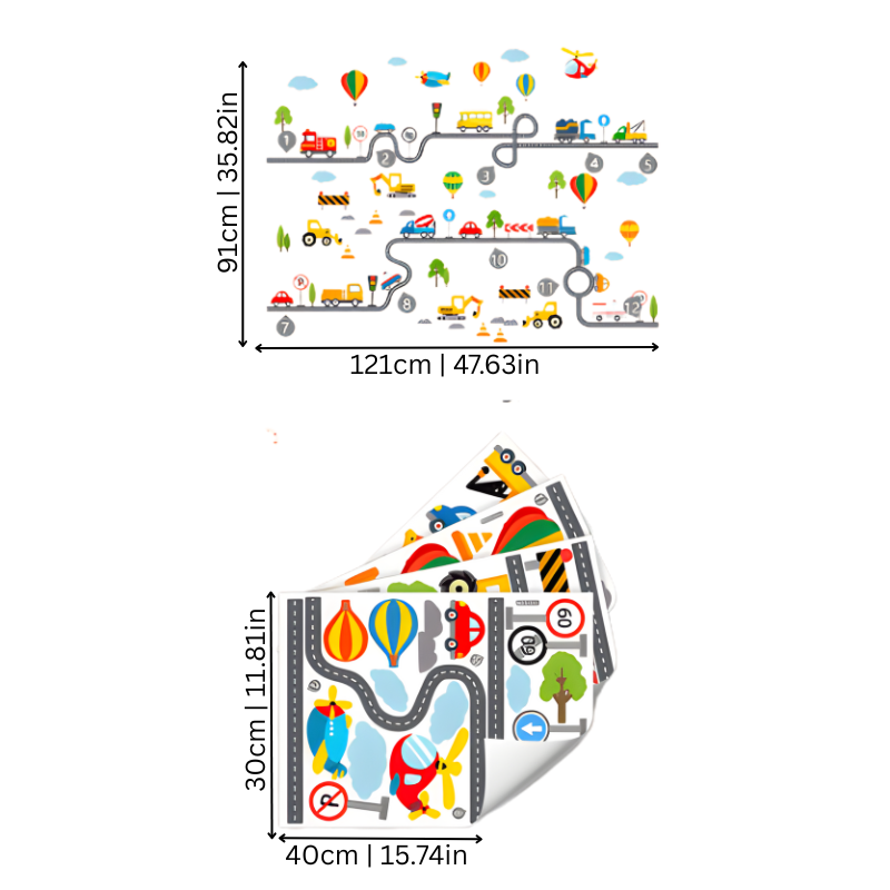 Removable children's educational wall decals with colorful watercolor vehicle designs for a nursery.